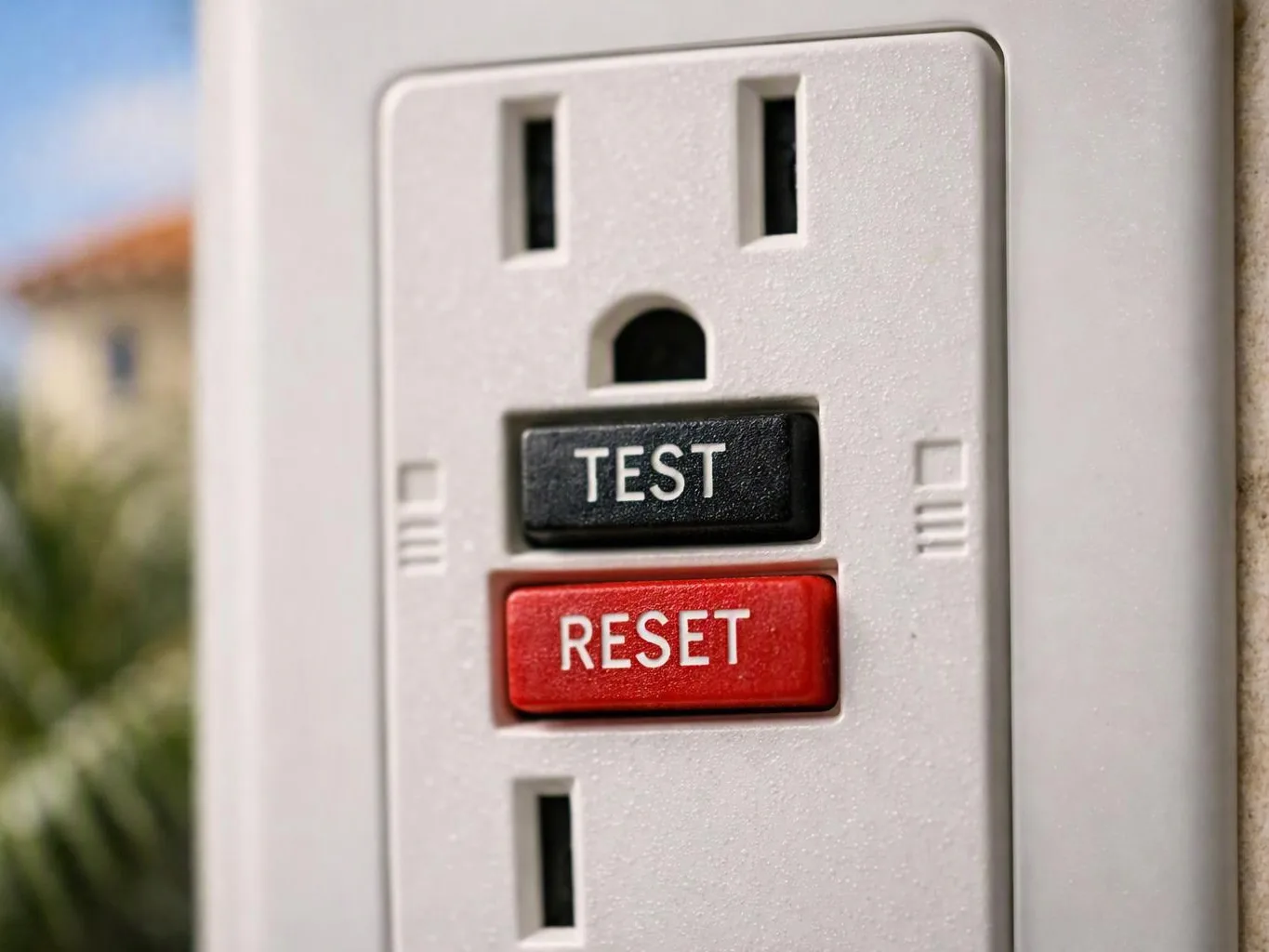 A white electrical outlet shows black TEST and red RESET buttons on a wall inside a bright room