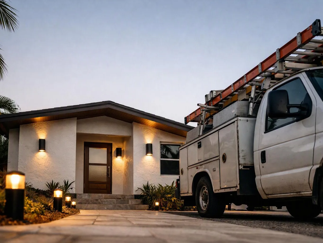 A white service truck with a ladder is parked beside a lit modern house at dusk