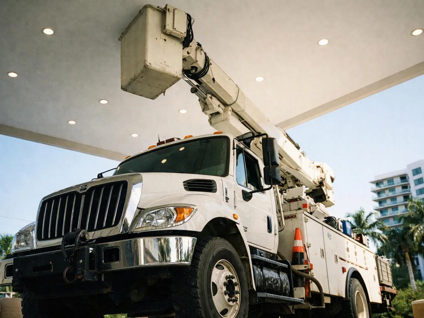 A white utility bucket truck is parked under a canopy, with its boom and work basket raised overhead