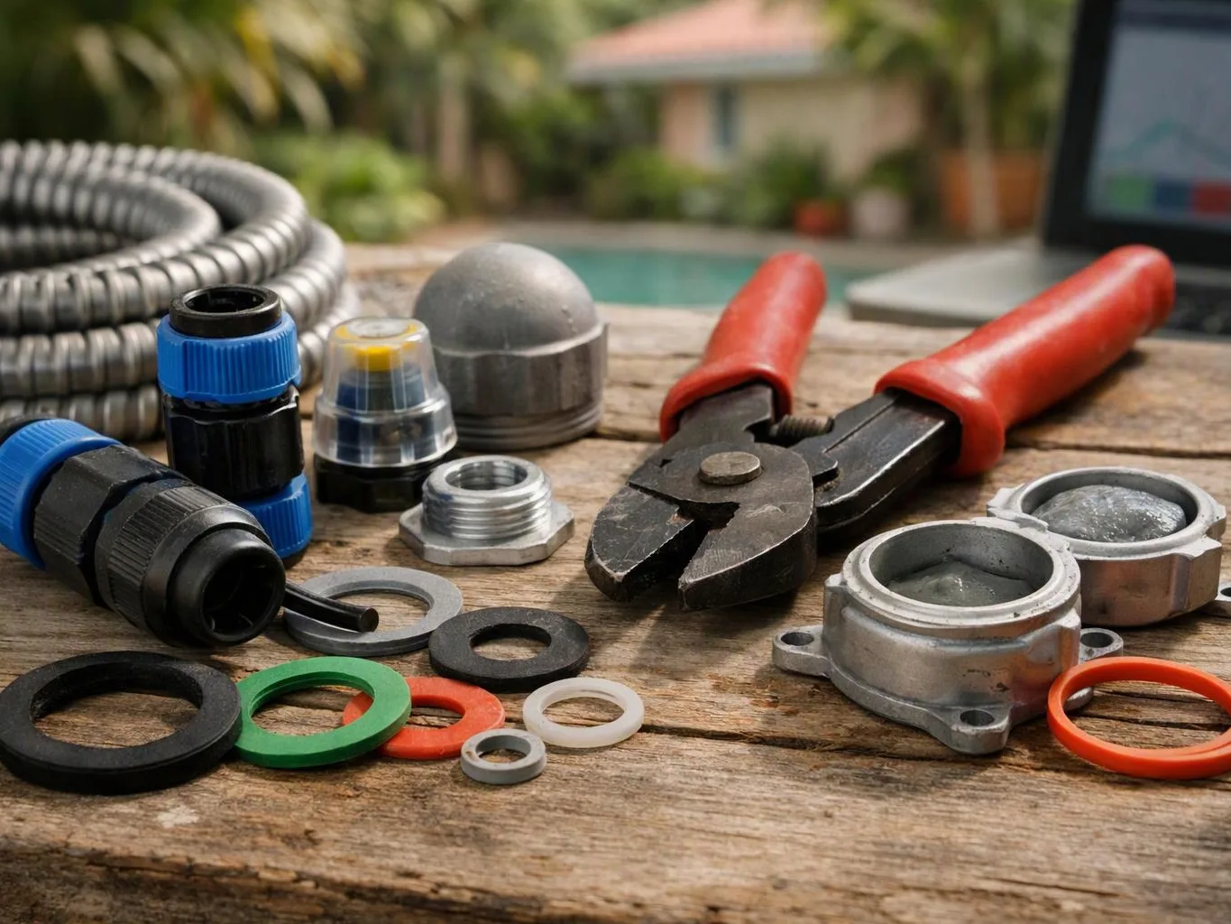 Wire connectors, pliers, washers, and seals are spread across a wooden table outdoors near a pool