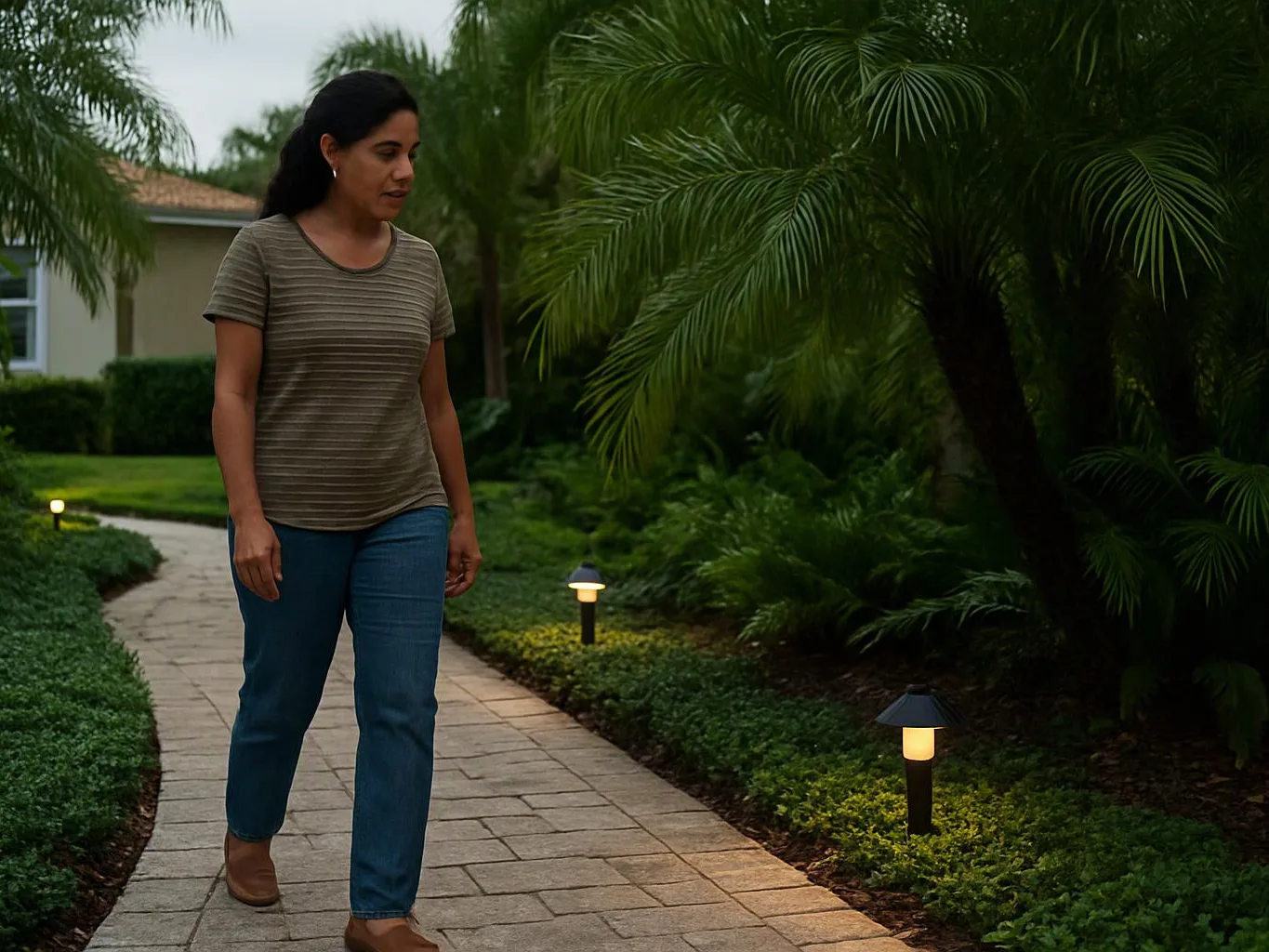 A woman walks along a paved garden path lined with lit landscape lamps and palm trees