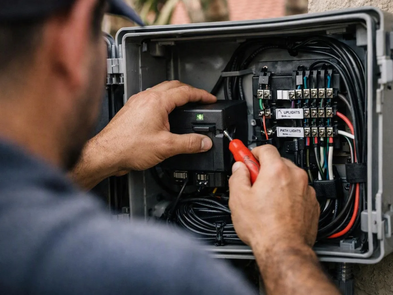 A worker adjusts wiring inside an open electrical control box with a red screwdriver