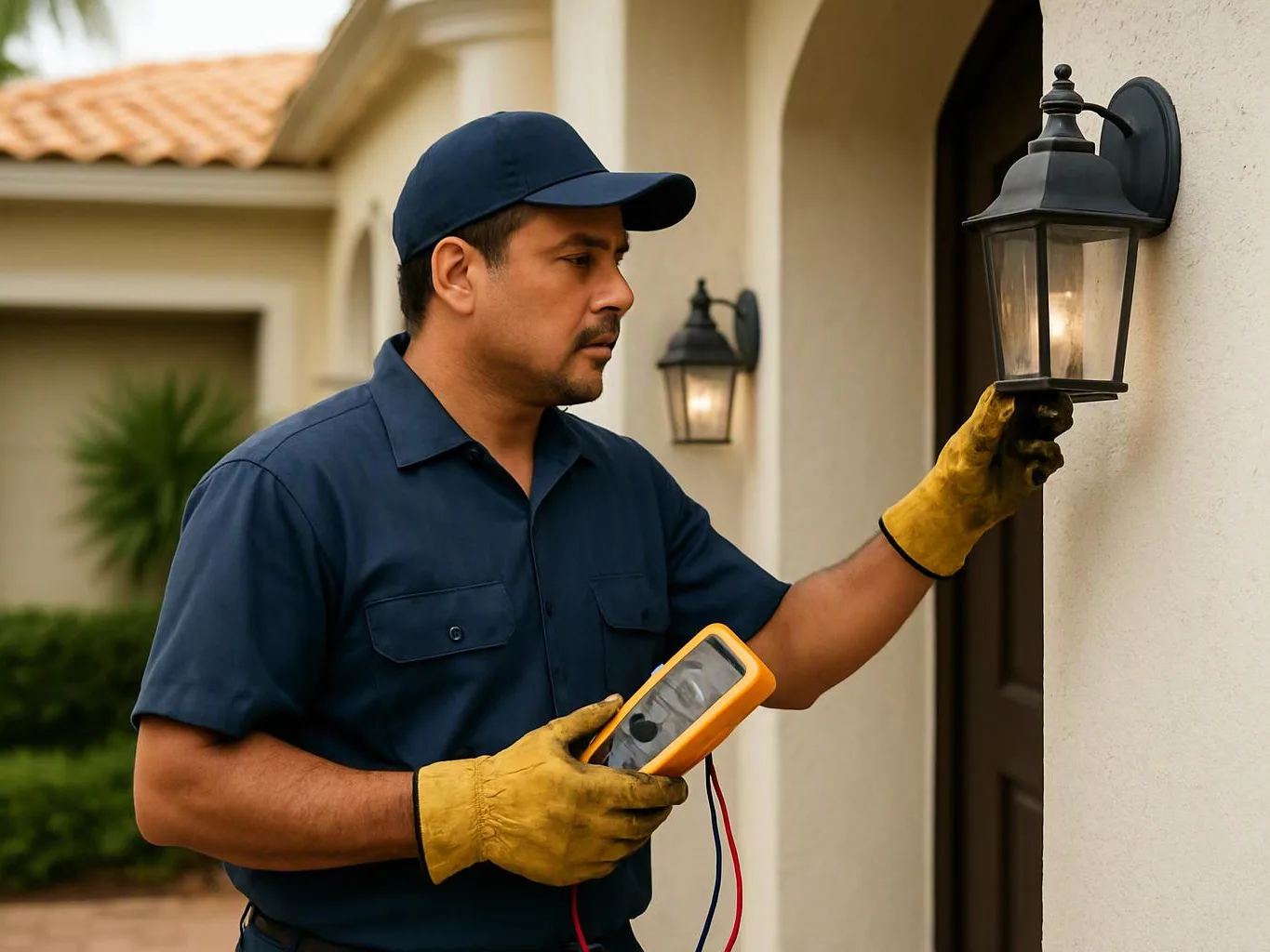 A worker in a blue uniform checks an outdoor wall lantern with a handheld meter beside a house entrance