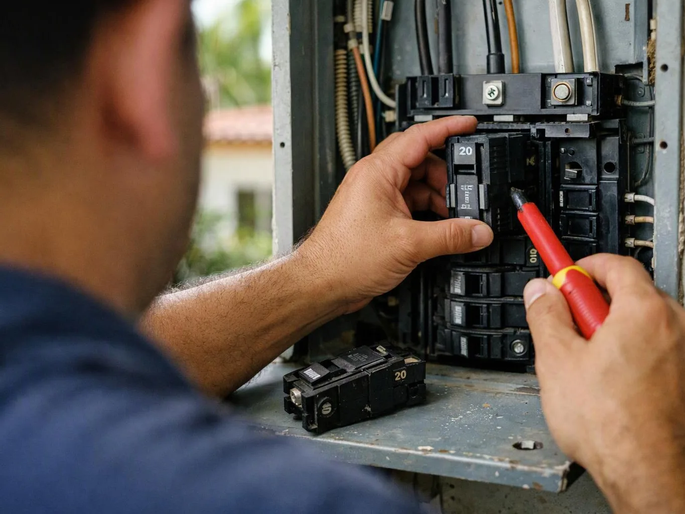 A worker installs a circuit breaker inside an open electrical panel with a red-handled screwdriver