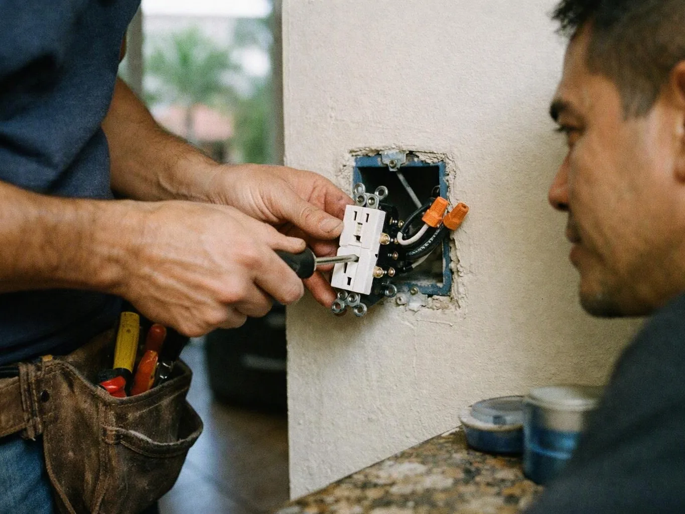 A worker installs an electrical outlet in a wall while another man watches nearby
