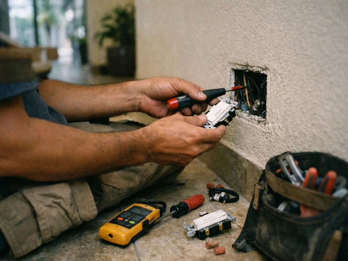 A worker installs an electrical switch in a wall opening with tools spread on the floor