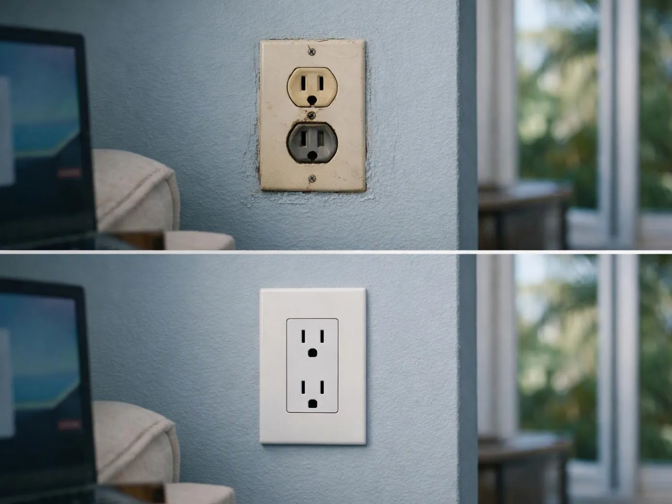 A worn wall outlet is shown above a clean replacement outlet beside a computer and window, split top and bottom